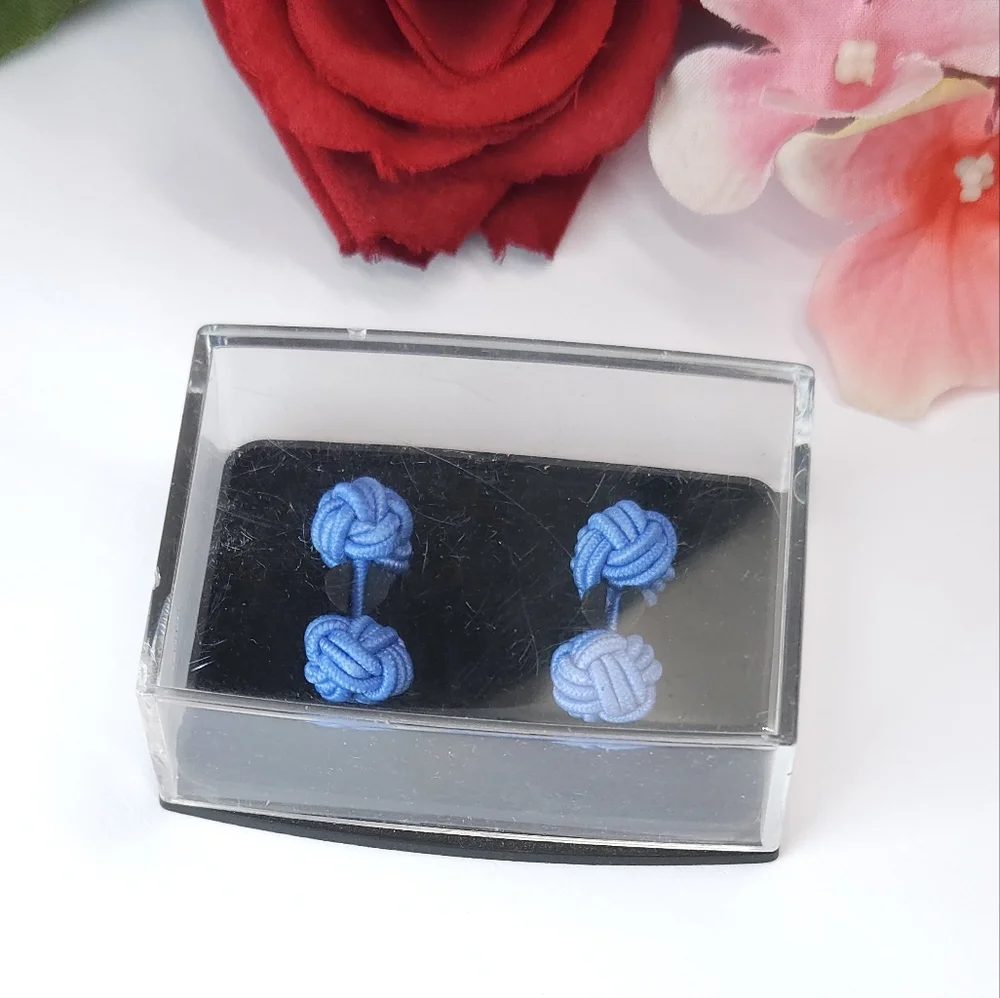 Vintage Baby Blue Silk Knit Cuff Links in Original Box